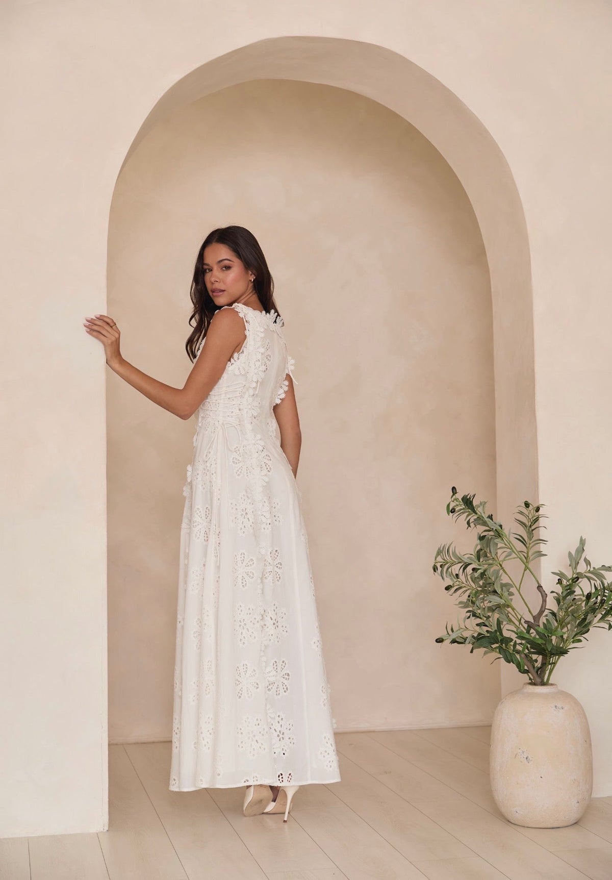 Clara | White Floral Eyelet Embroidered A-Line Maxi Dress with Lace-Up Sides