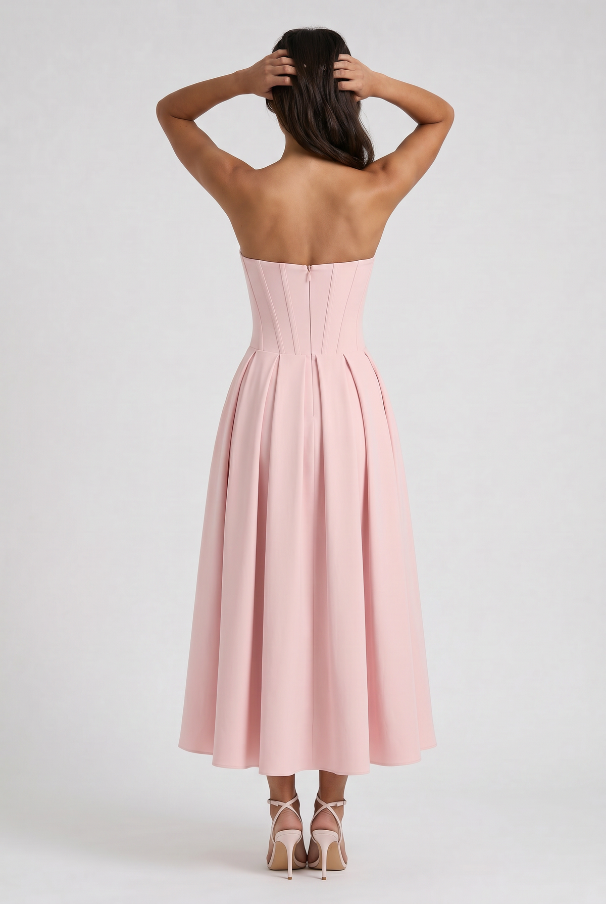 Adeline | Pink Corset Midi Dress with Full Pleated Skirt