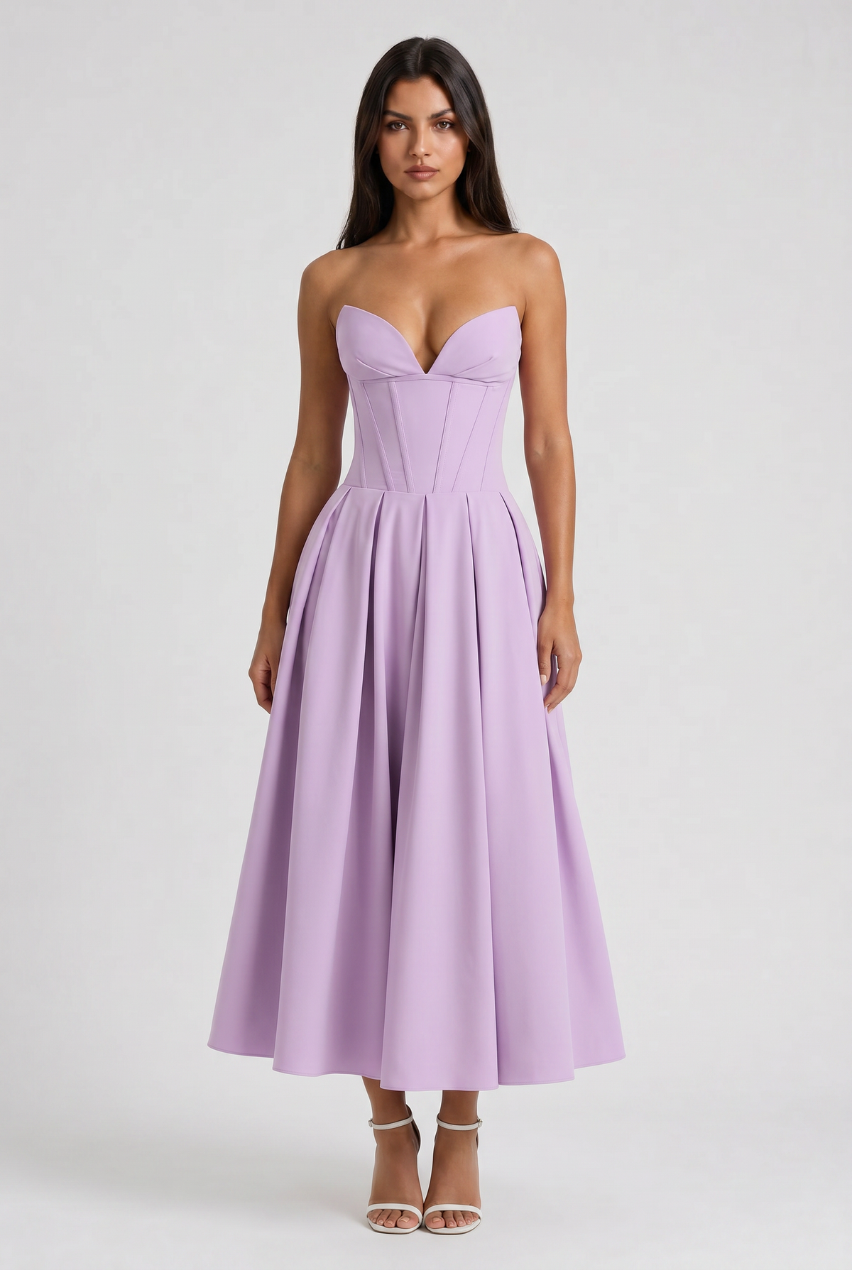 Adeline | Purple Corset Midi Dress with Full Pleated Skirt