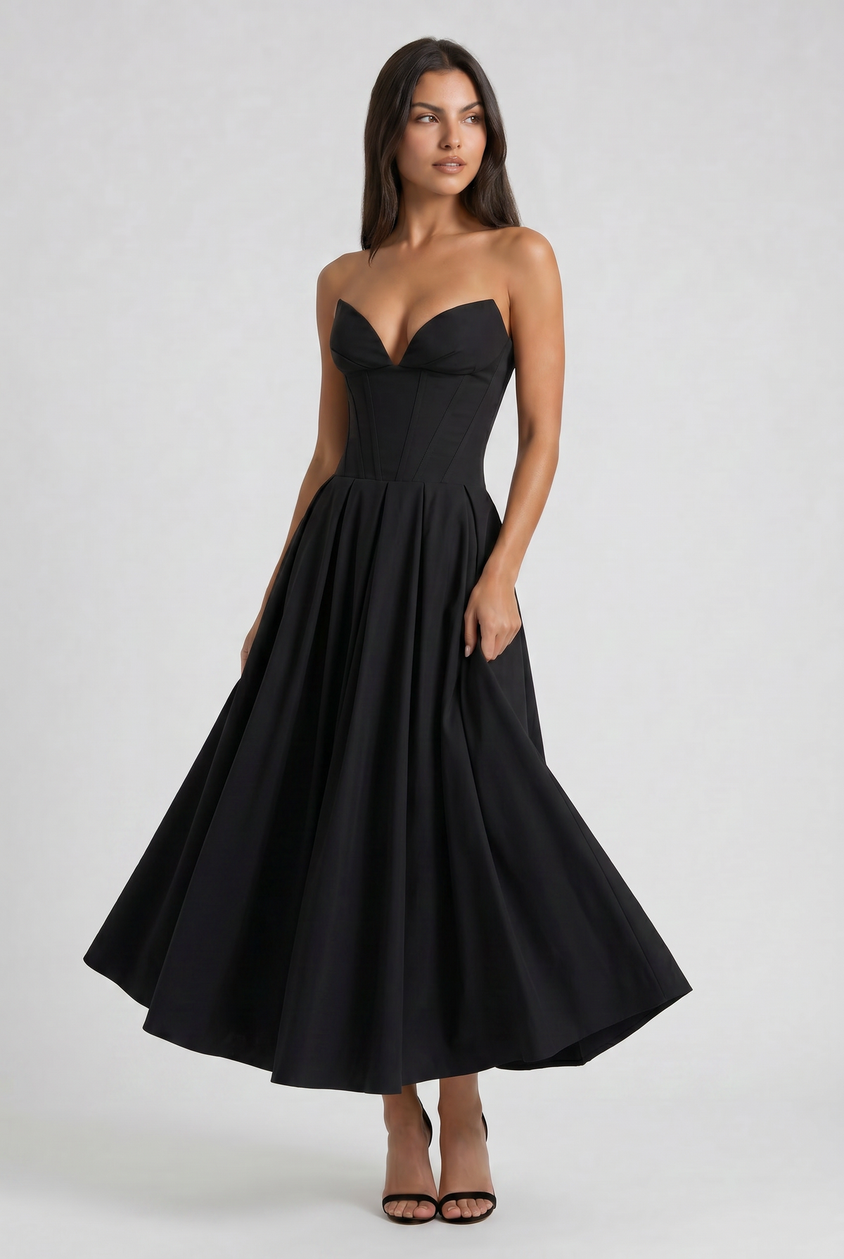Adeline | Black Corset Midi Dress with Full Pleated Skirt
