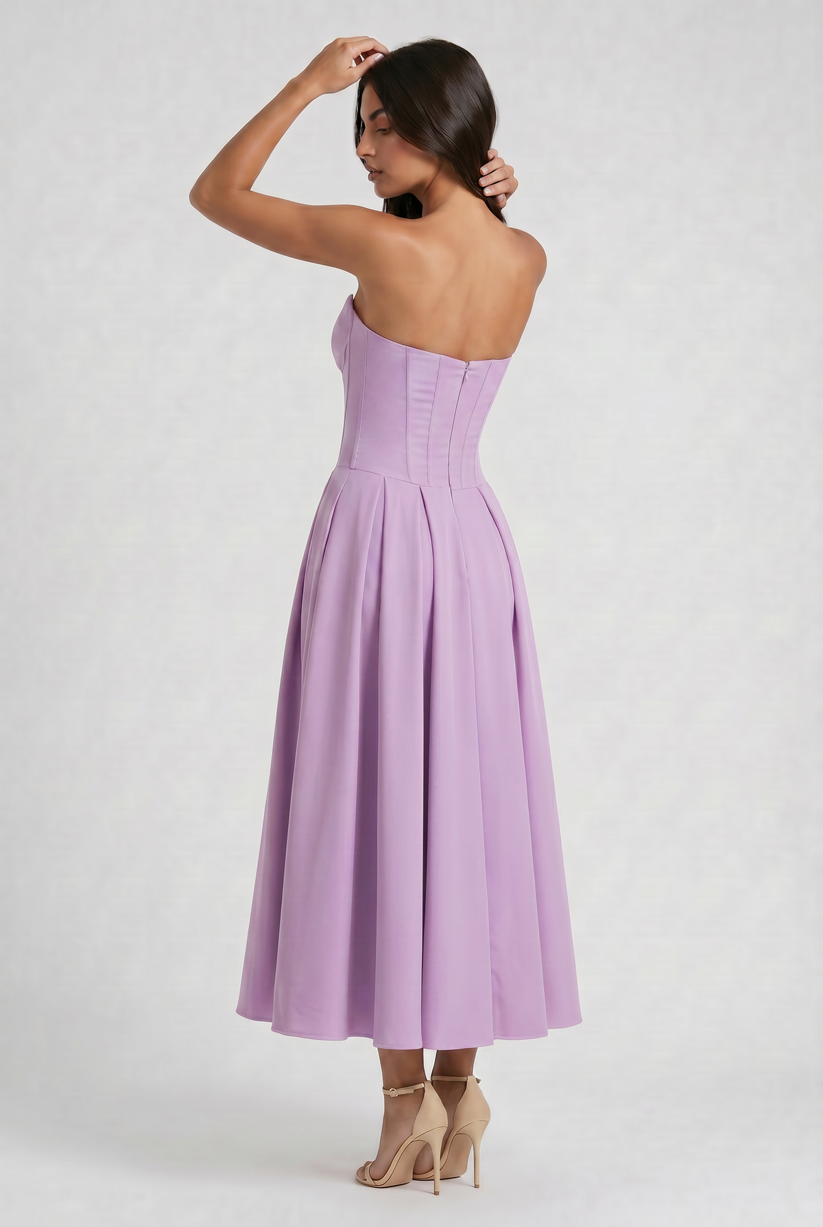 Adeline | Purple Corset Midi Dress with Full Pleated Skirt