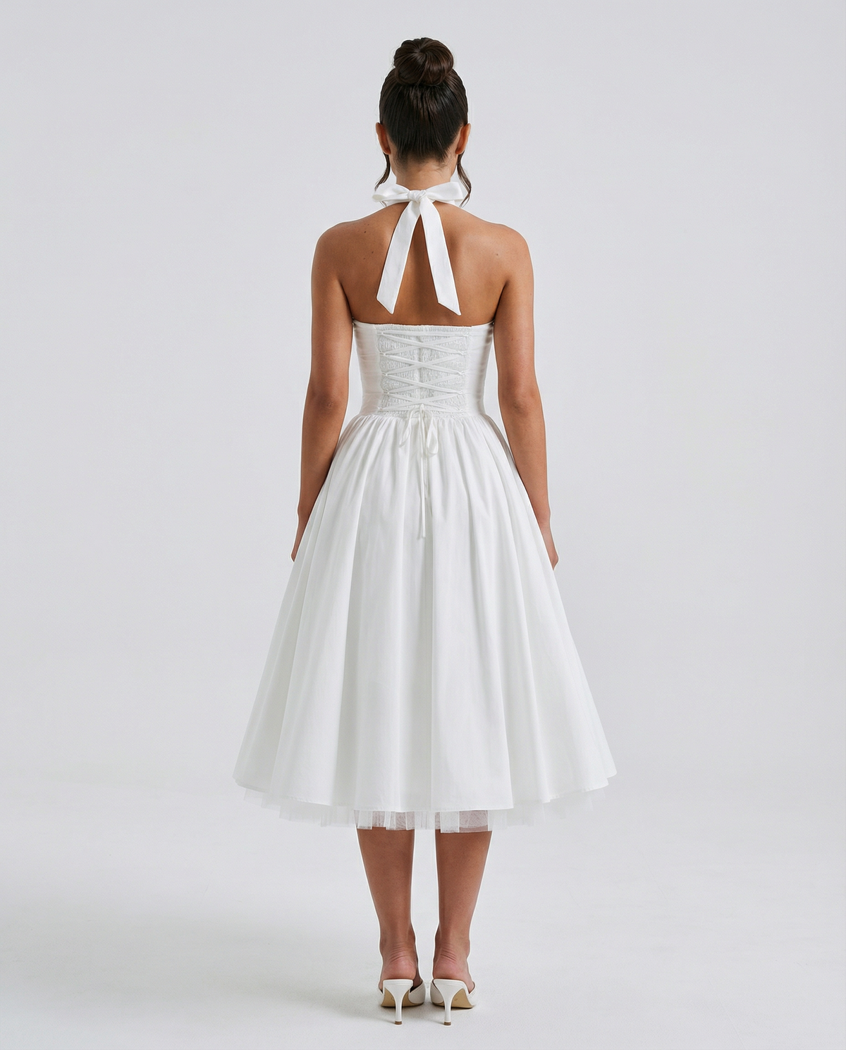 Lena | White Halter Neck Midi Dress with Lace-Up Back