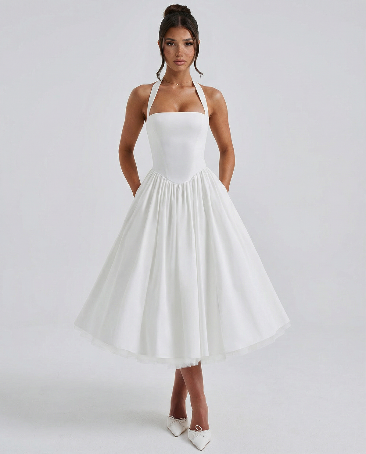 Lena | White Halter Neck Midi Dress with Lace-Up Back