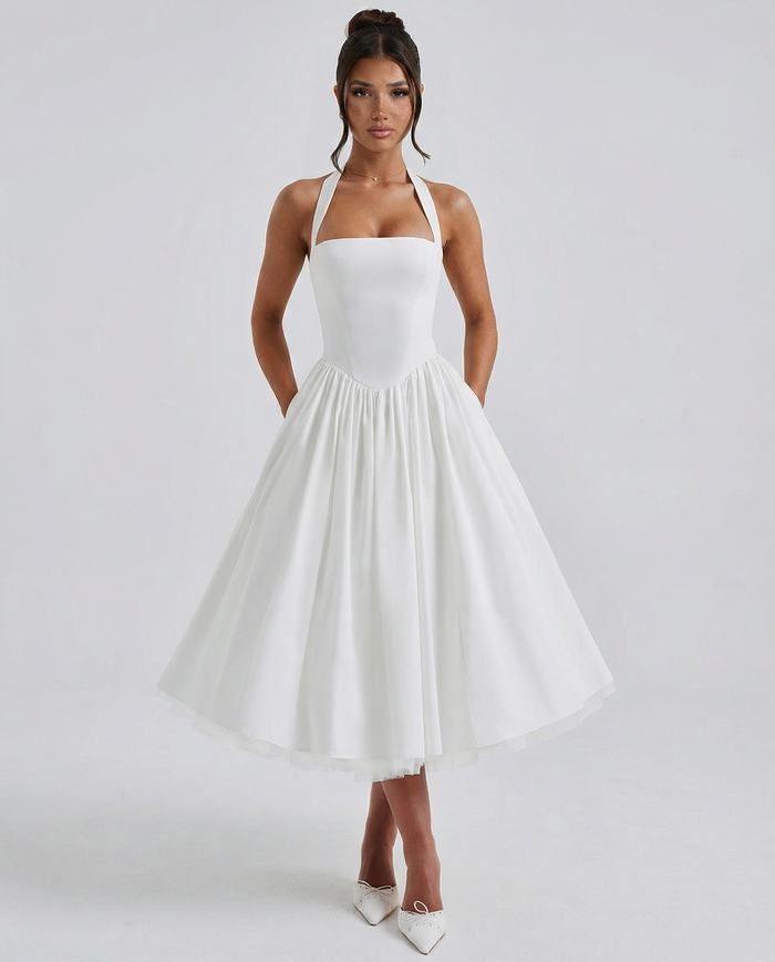 Lena | White Halter Neck Midi Dress with Lace-Up Back