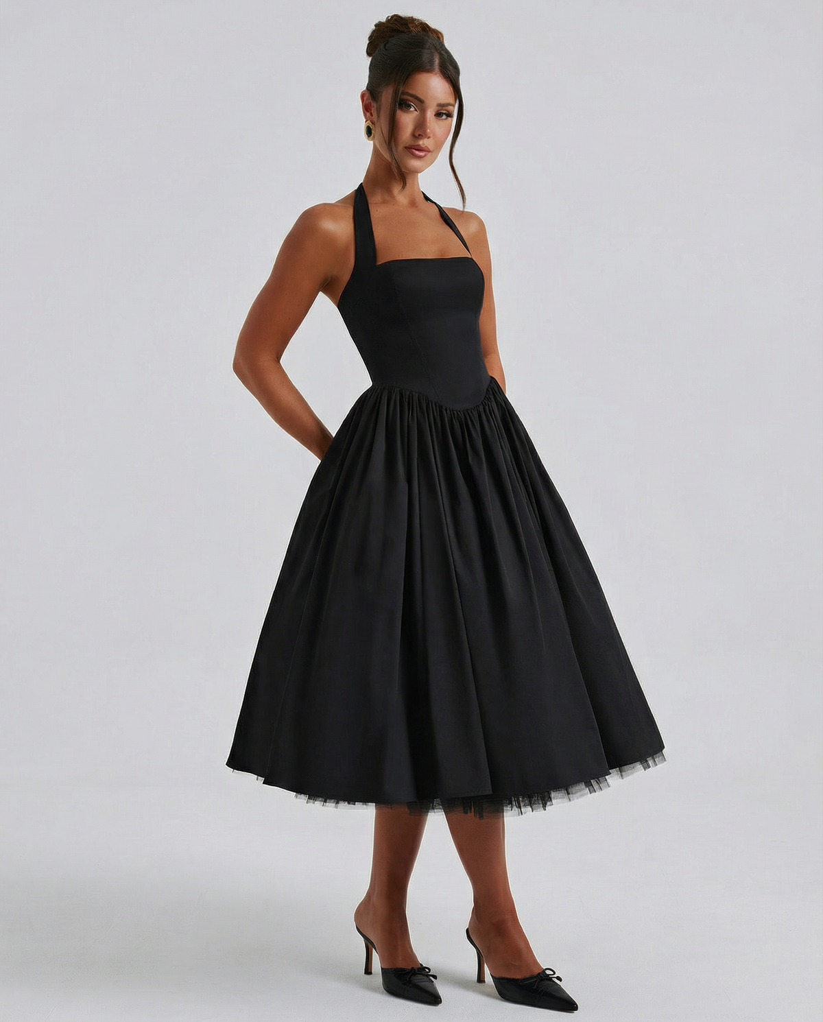 Lena | Black Halter Neck Mini Dress with Lace-Up Back