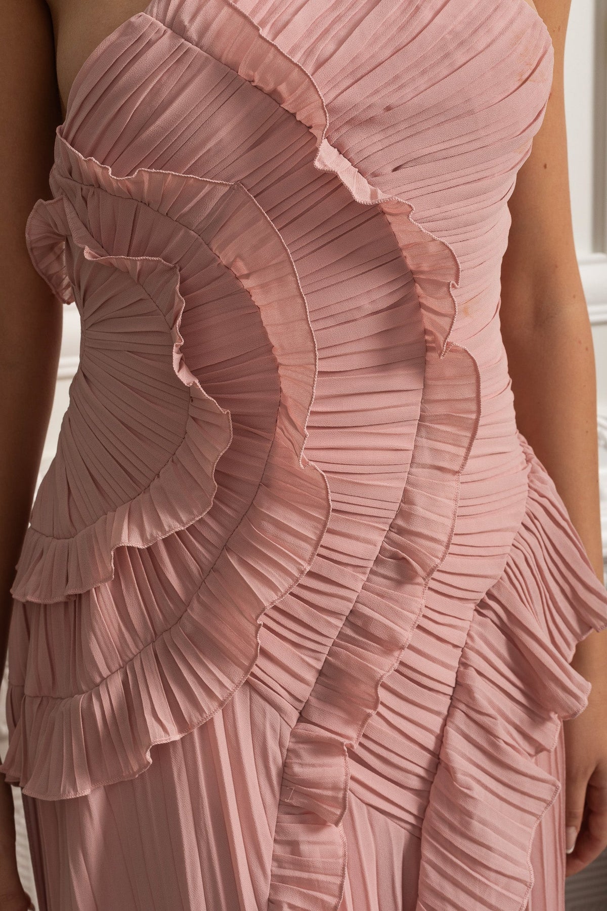 Aveline | Pink Asymmetric Pleated Halter Ruffle Maxi Dress