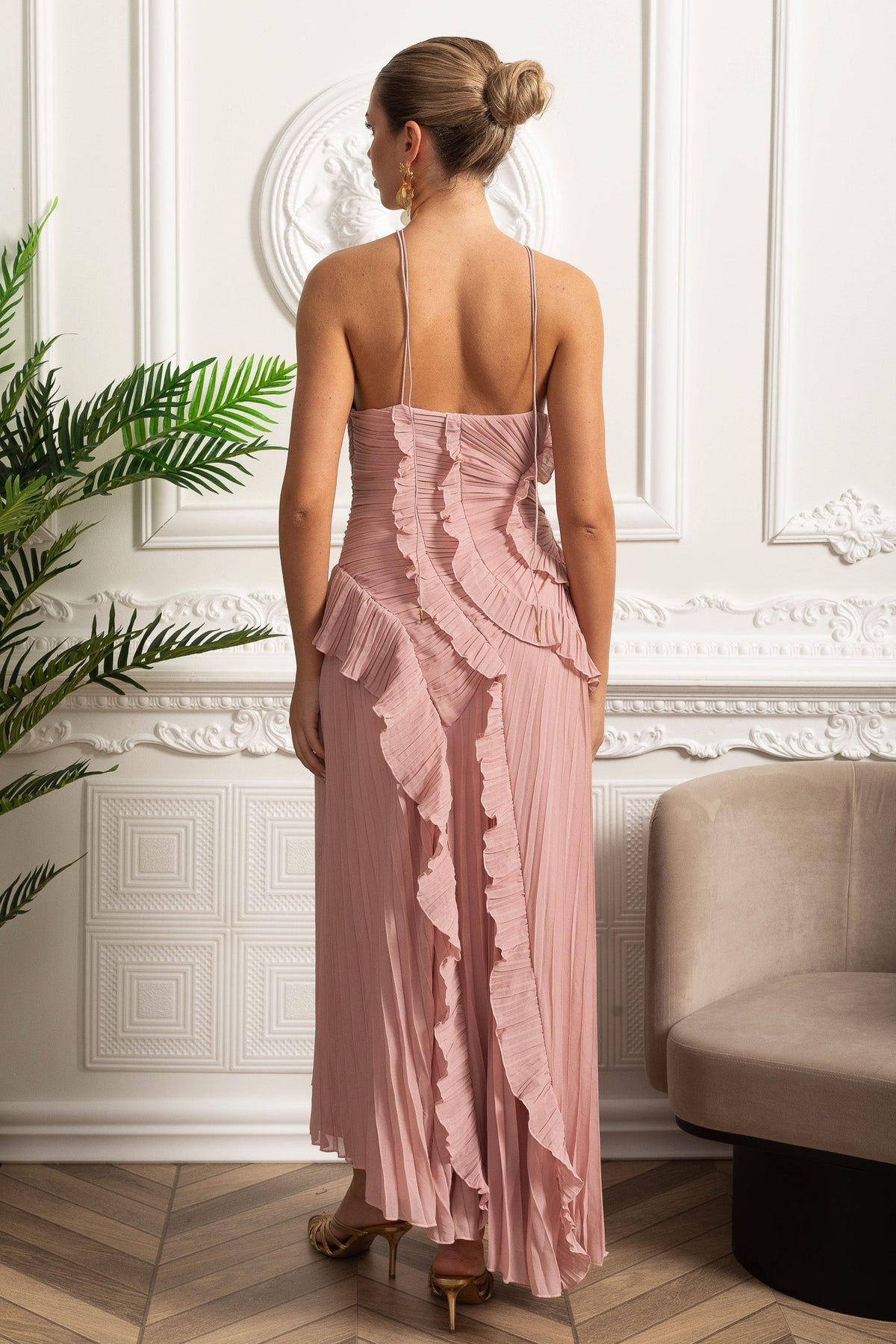Aveline | Pink Asymmetric Pleated Halter Ruffle Maxi Dress