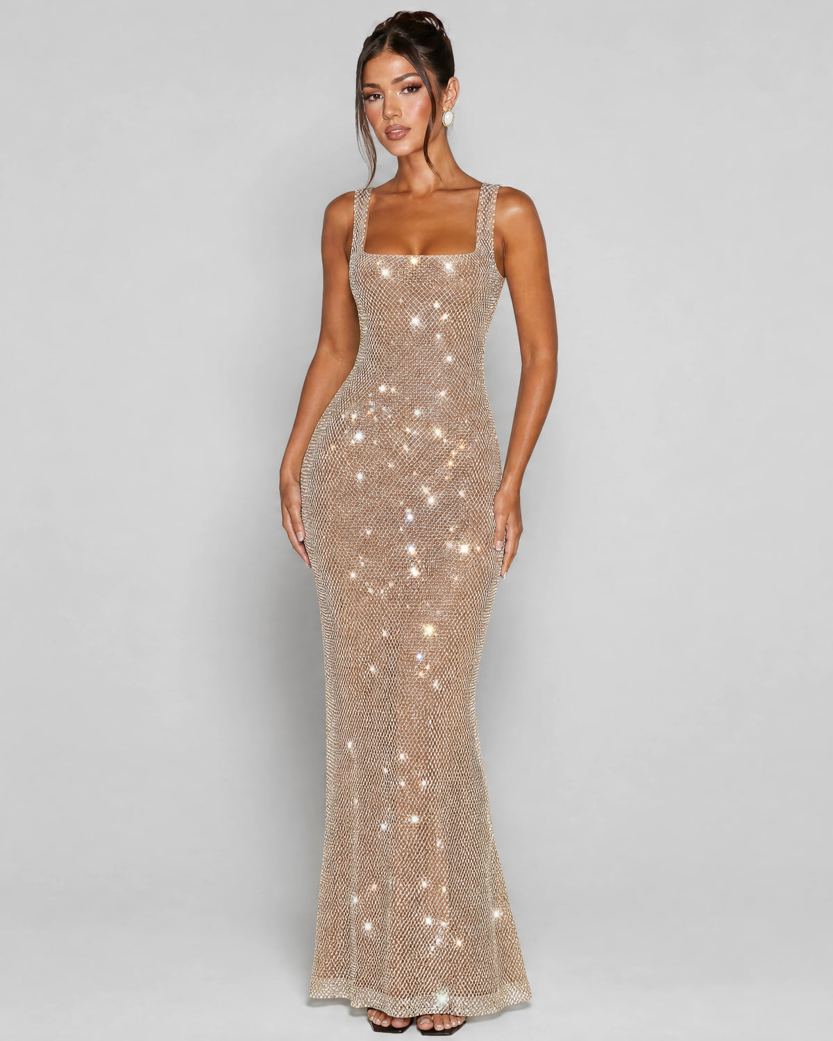 Aurelia rhinestone gown in gold, studio front
