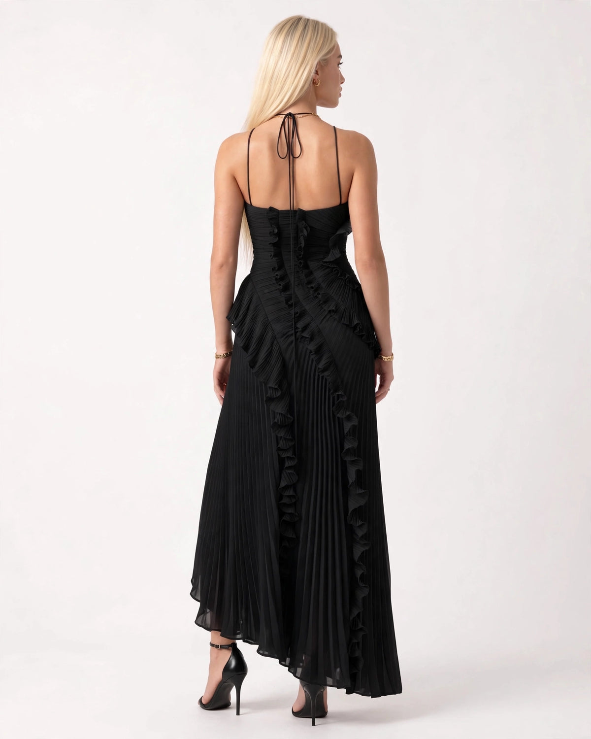 Aveline black asymmetric pleated halter ruffle maxi dress, back view