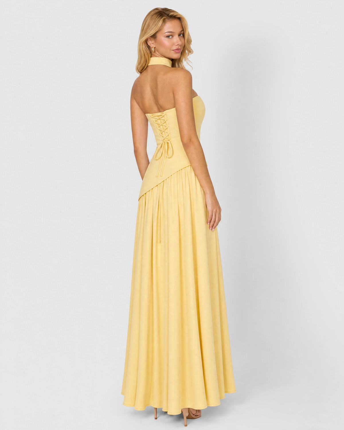 Bianca butter yellow choker-neck maxi dress - back three-quarter