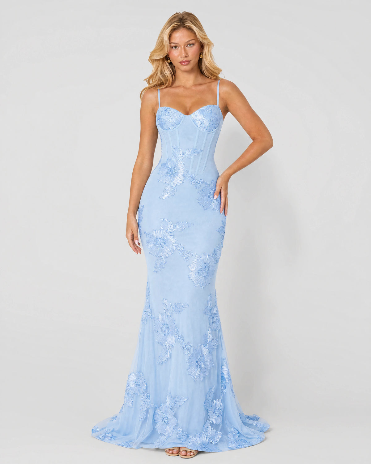 Celeste sky blue embroidered mermaid gown - front three-quarter