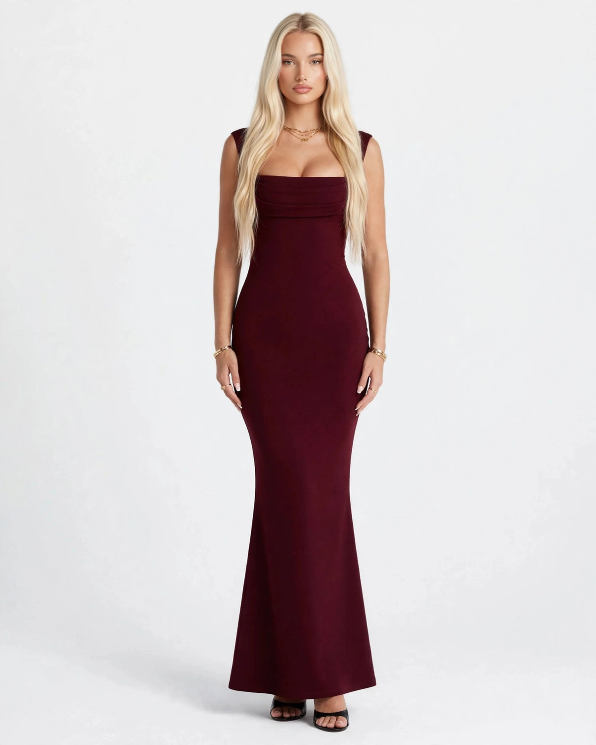 Celine wine red square neck maxi dress with pleated bust, front view