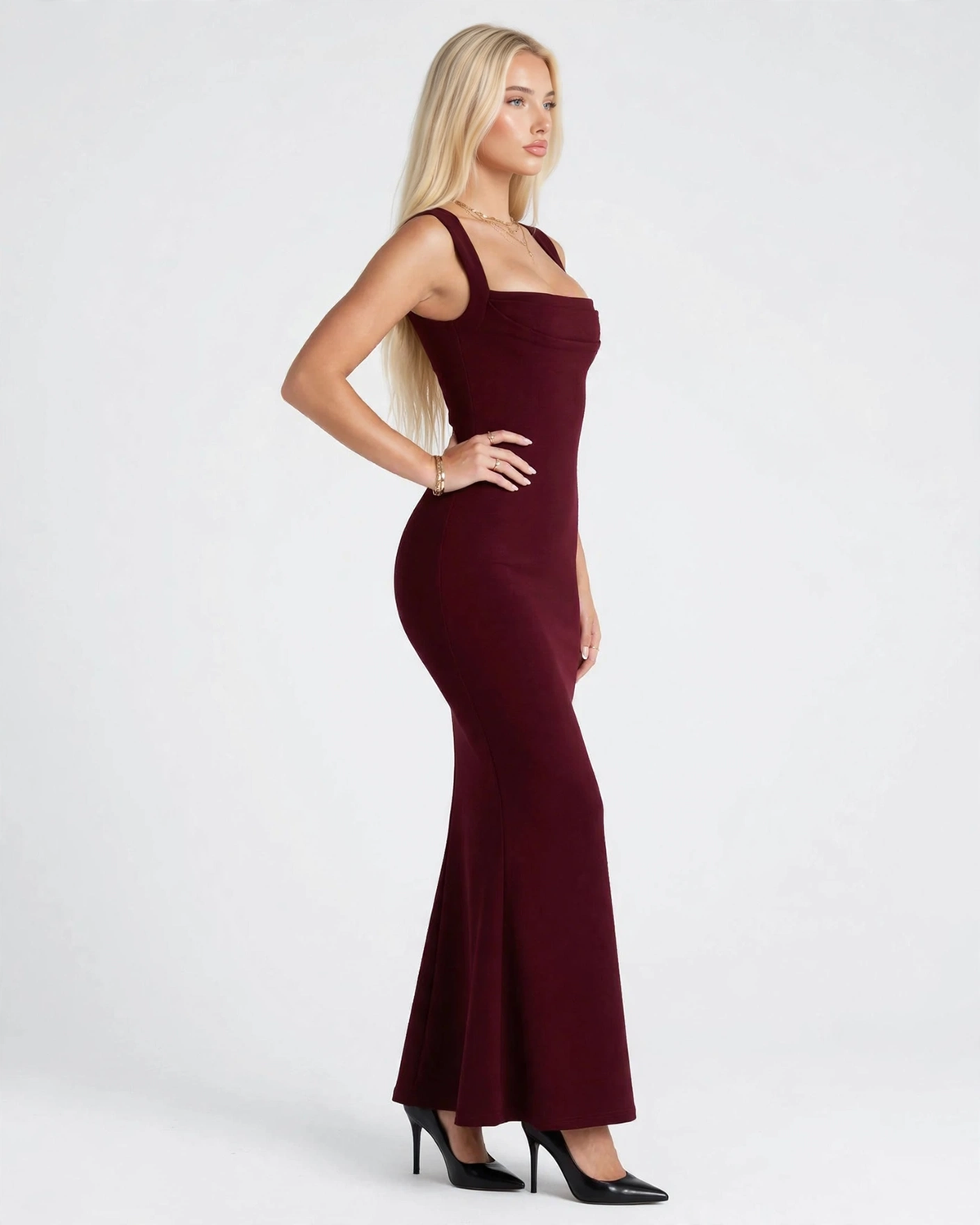 Celine wine red square neck maxi dress, side view