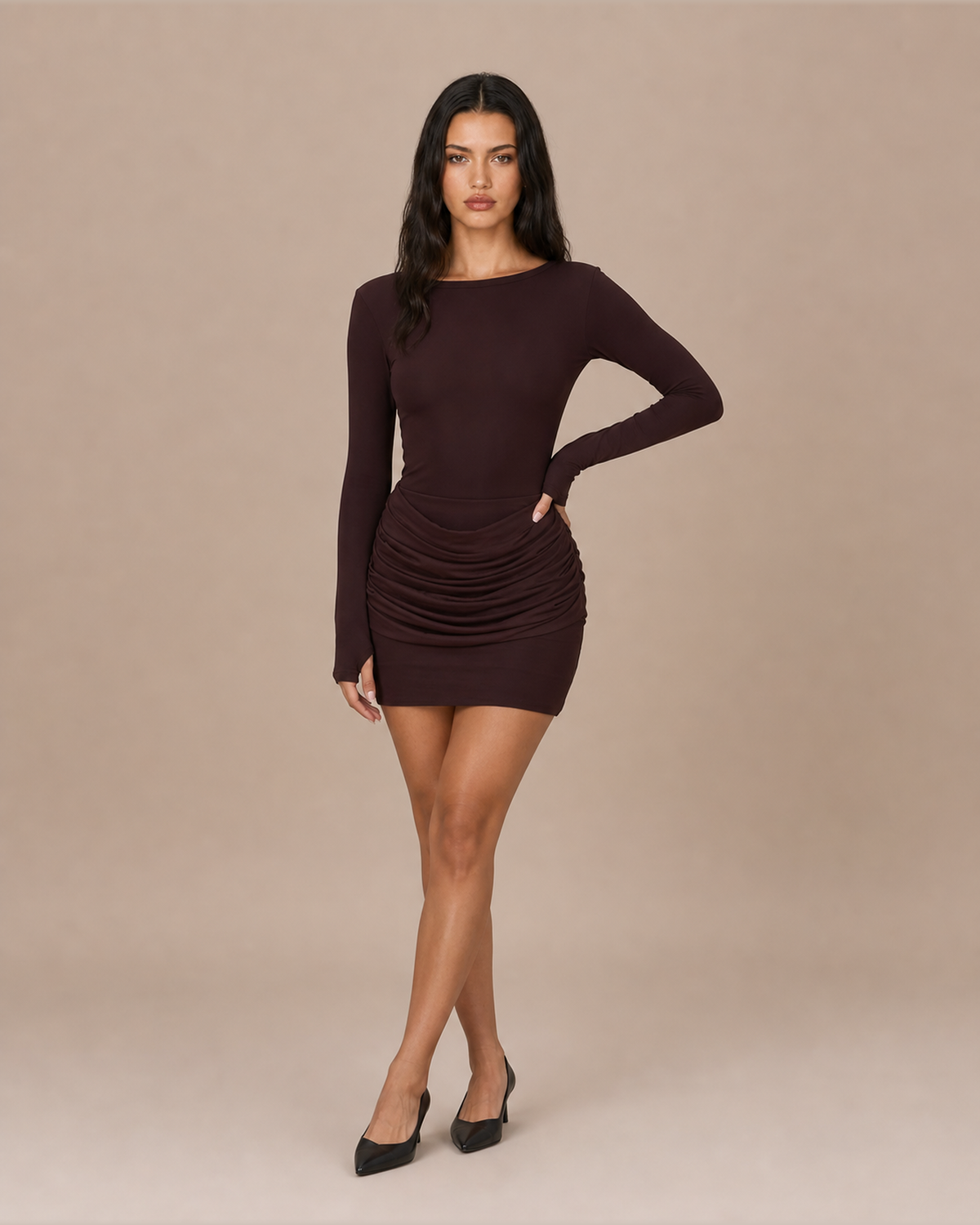 Colette dark brown boat neck long sleeve mini dress with ruched skirt, front view