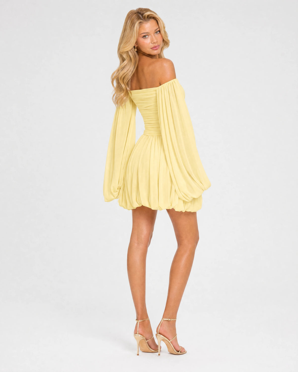 Eloise butter yellow off-shoulder draped mini dress - front