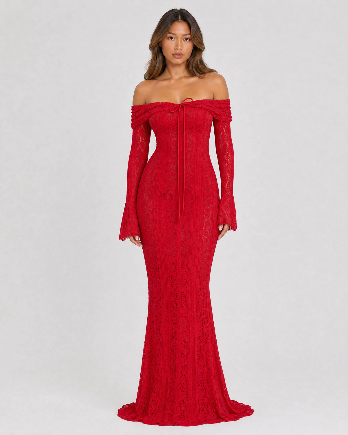 Genevieve off-shoulder lace maxi gown in red, front studio