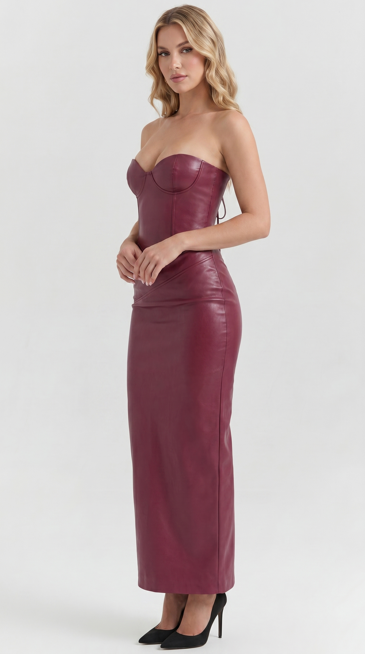 Lenora | Burgundy Strapless Corset Vegan-Leather Midi Dress