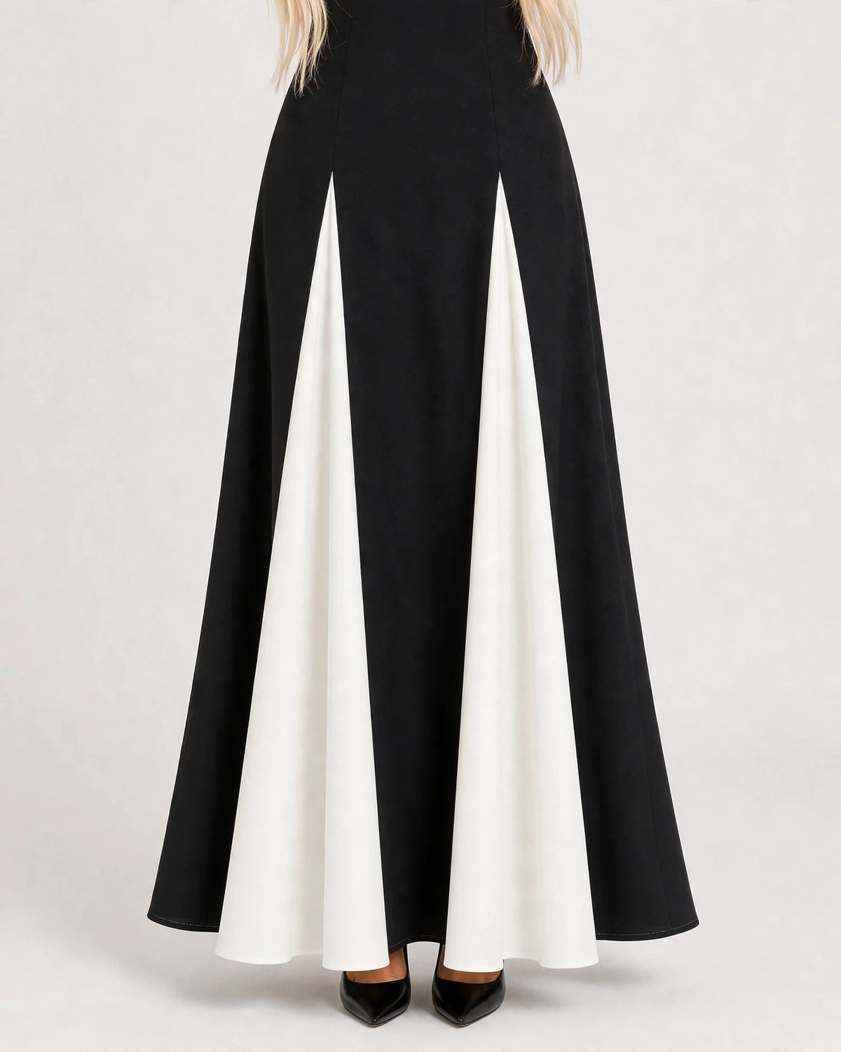 Isadora black and white maxi dress - close-up of contrast panelled A-line skirt