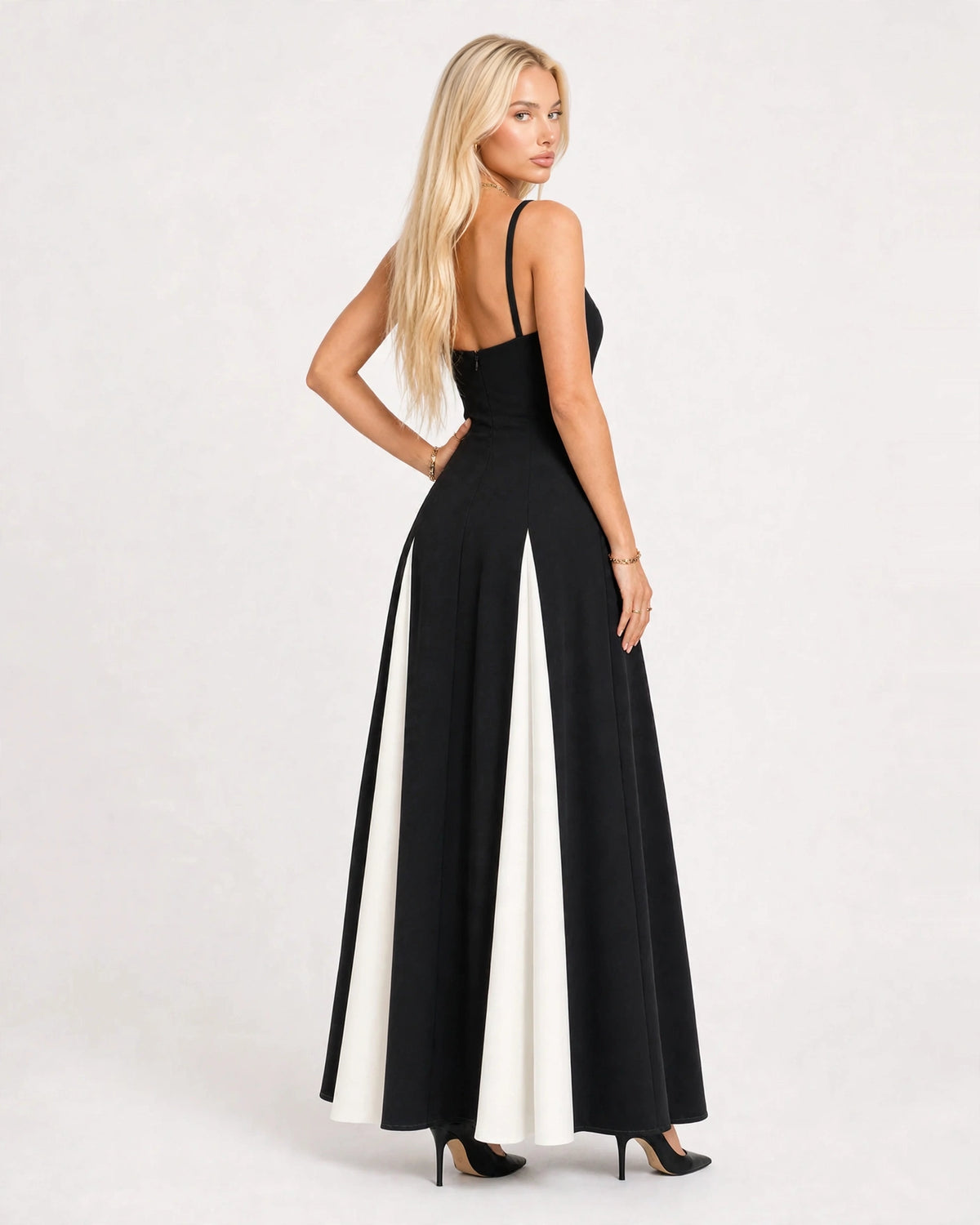 Isadora black and white panelled A-line maxi dress - back three-quarter view
