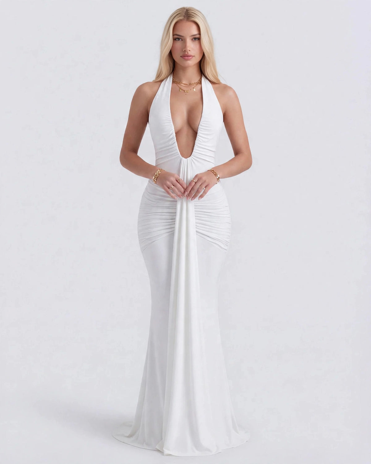 Liliane white plunge halter maxi dress with draped front panel - front view