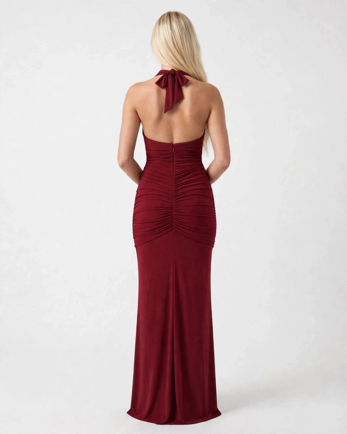 Liliane wine red plunge halter maxi dress - open back with tie detail