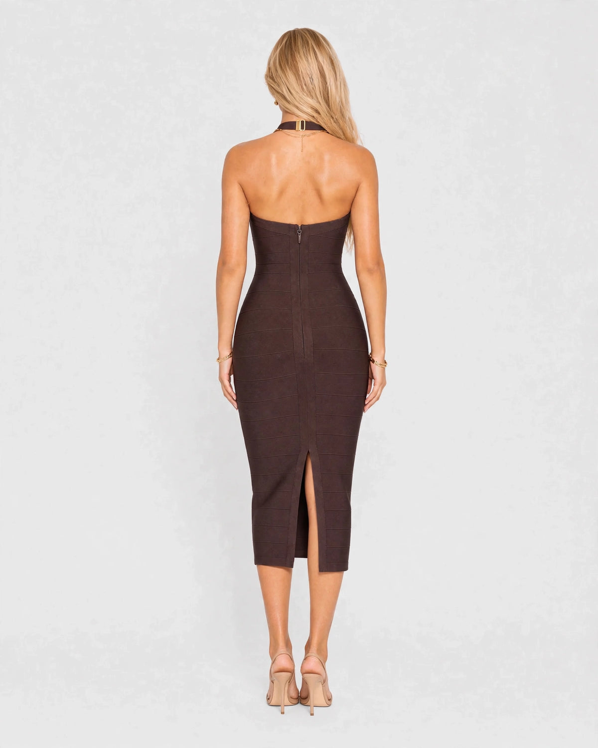 Margaux chocolate brown bandage midi dress with back split, back view