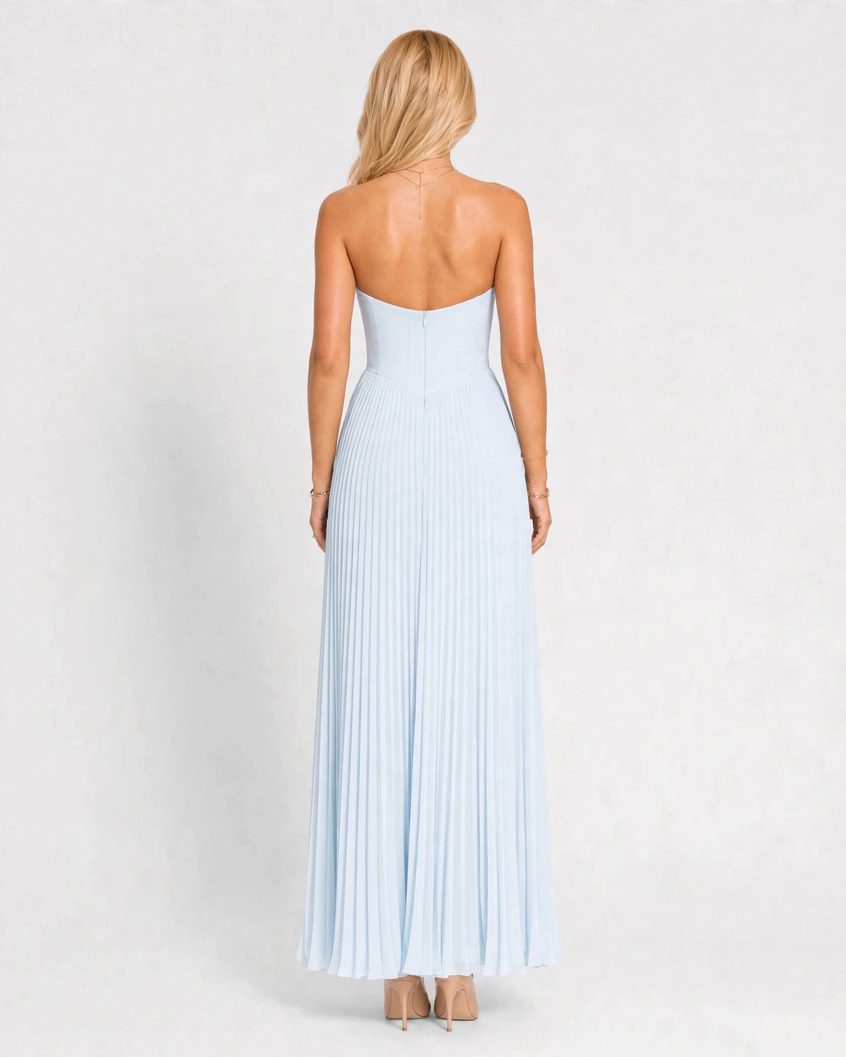 Noelle sky blue pleated maxi dress, back view