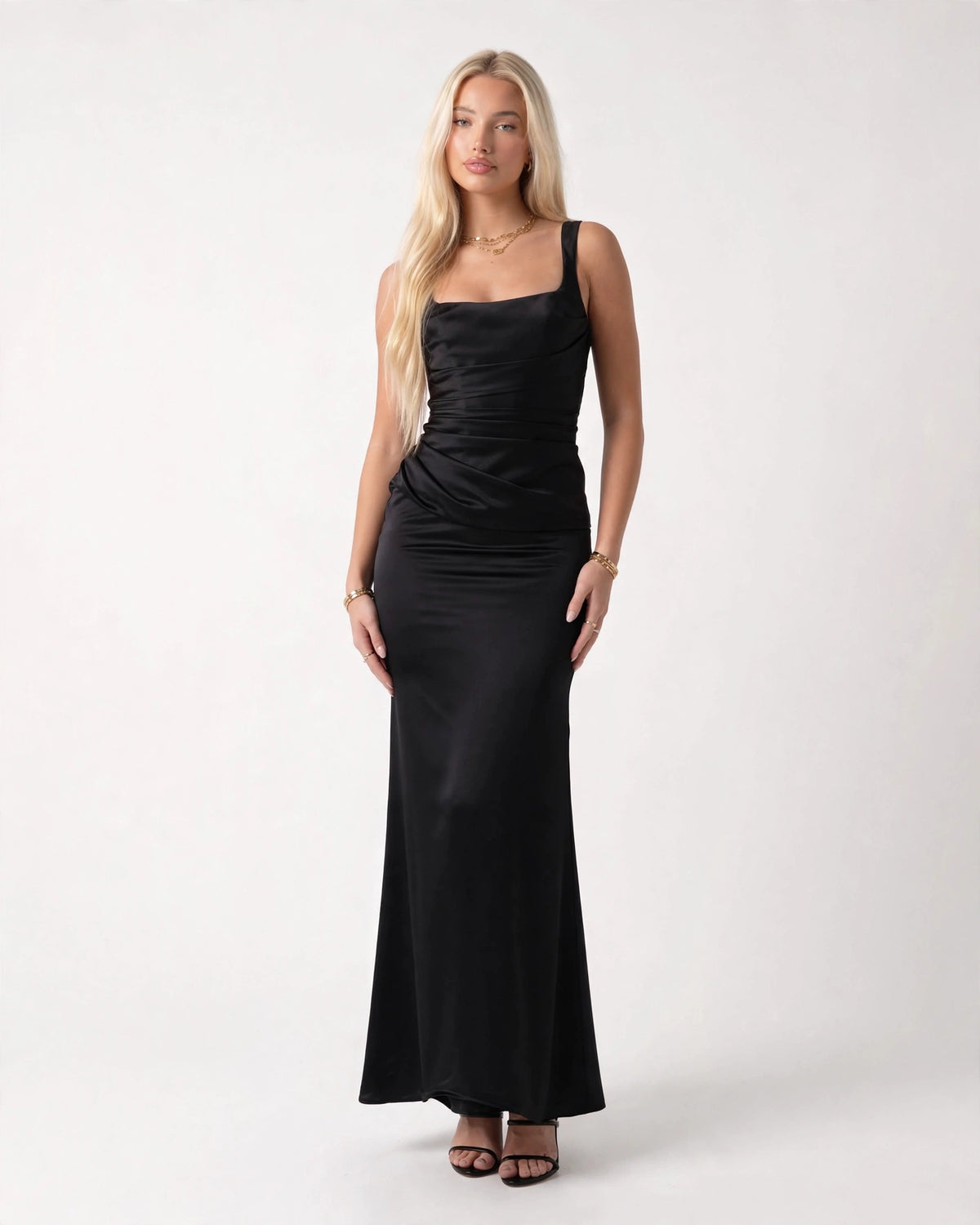 Nora black satin column maxi gown with draped bodice, front view