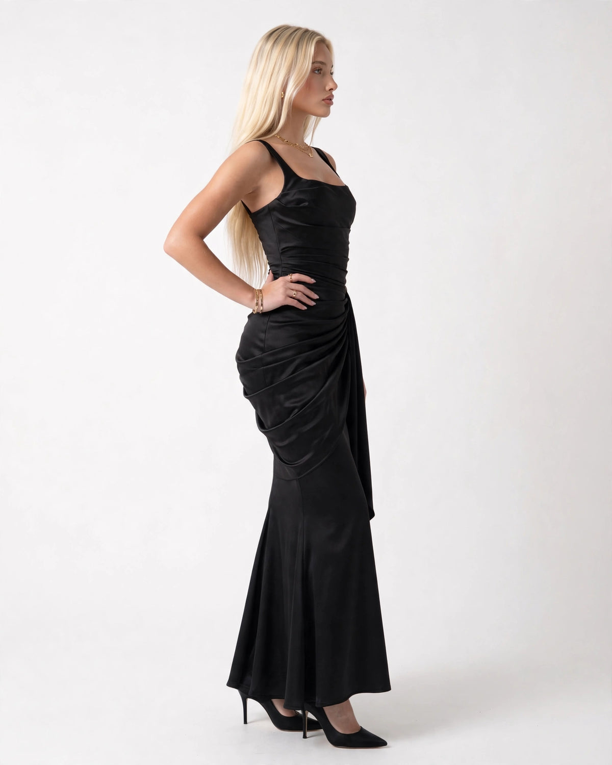 Nora black satin column maxi gown, side view