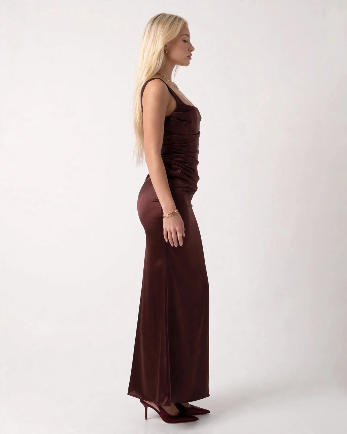 Nora brown satin column maxi gown, side view