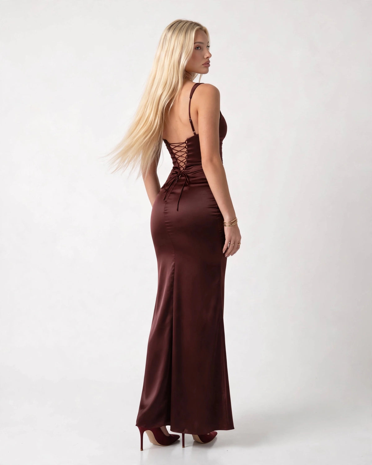 Nora brown satin column maxi gown lace-up back, back view