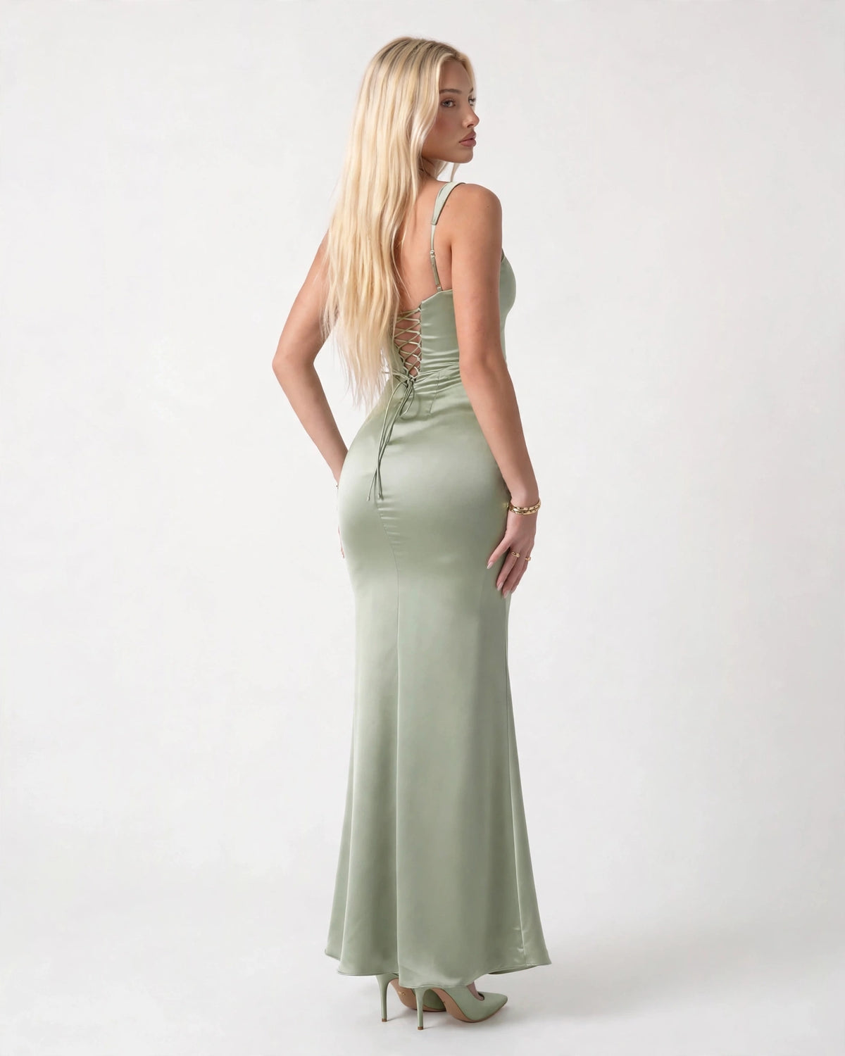Nora sage green satin column maxi gown lace-up back, back view