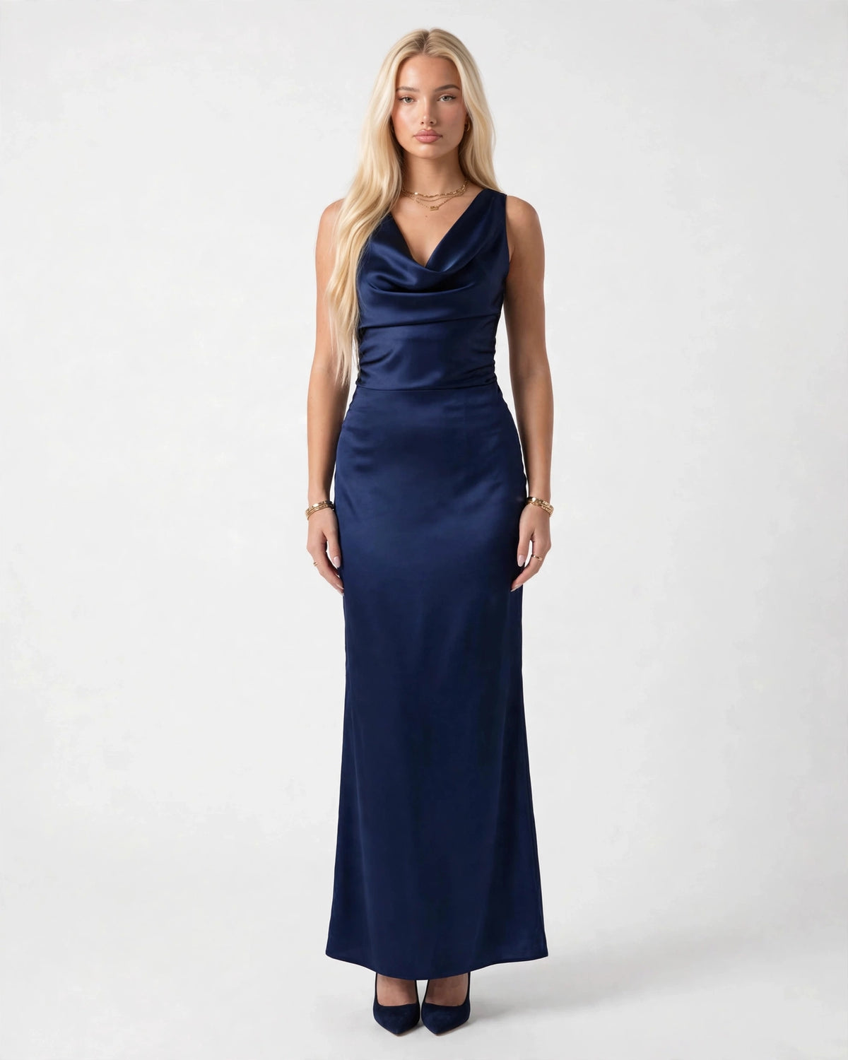 Sabine navy satin cowl neck maxi dress, front view