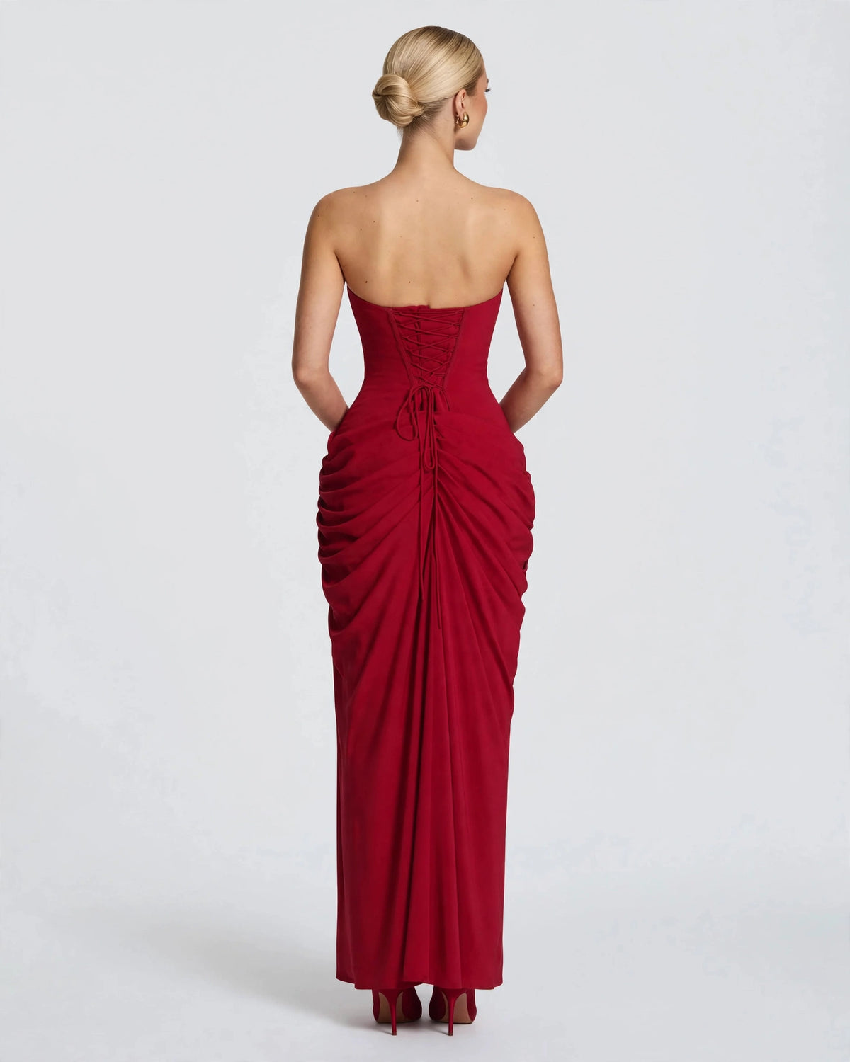 Seraphine wine red corset maxi gown, back view
