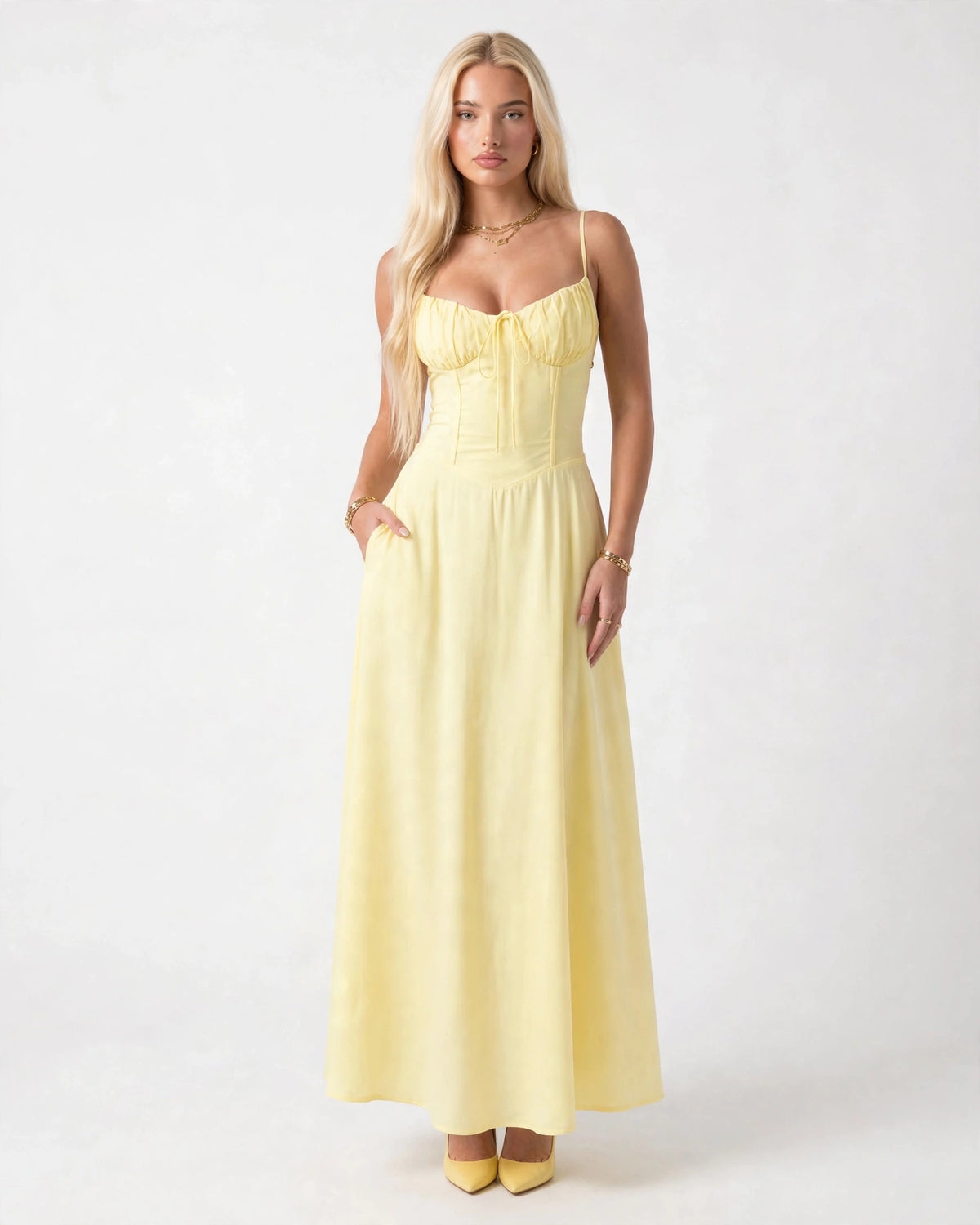 Soleil butter yellow lace-up corset midi dress, front view