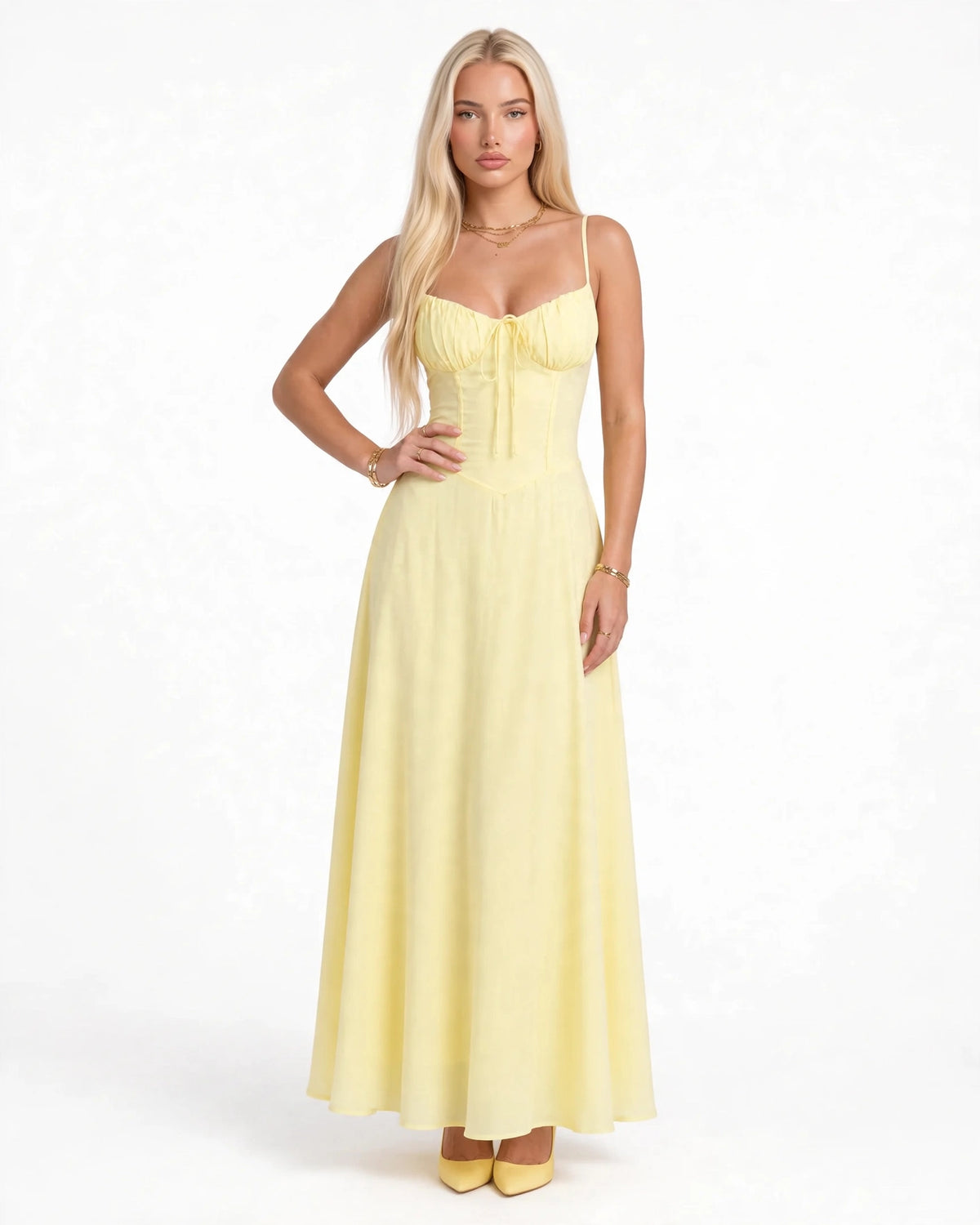 Soleil butter yellow lace-up corset midi dress, front view