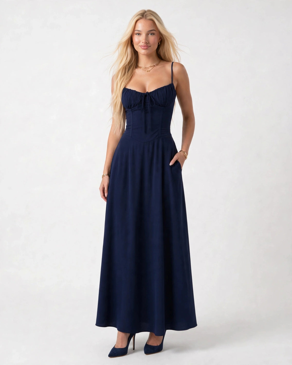 Soleil dark blue lace-up corset midi dress, front view